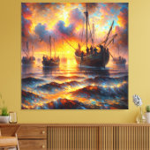 Vuurvissers halen bij zonsondergang canvas afdruk (Insitu (Woonkamer))