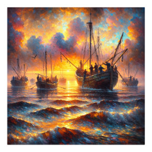 Vuurvissers halen bij zonsondergang foto afdruk