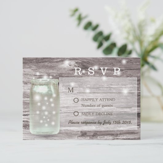 Vuurvliegen Ggloed Mason Jar Wedding RSVP Kaartje (Staand voorkant)