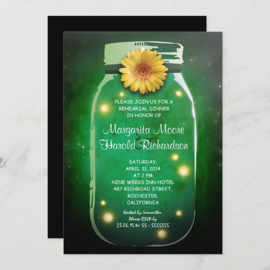 Vuurvliegen & Mason Jar Whimsical Rehearsal Dinner Kaart (Voorkant / Achterkant)