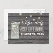 Vuurvliegen & Mason Jar Wood Sparen de Datum Aankondigingskaart (Voorkant / Achterkant)