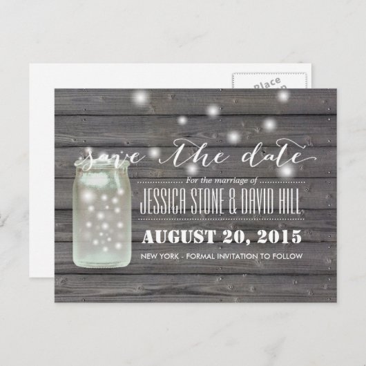 Vuurvliegen & Mason Jar Wood Sparen de Datum Aankondigingskaart (Voorkant / Achterkant)