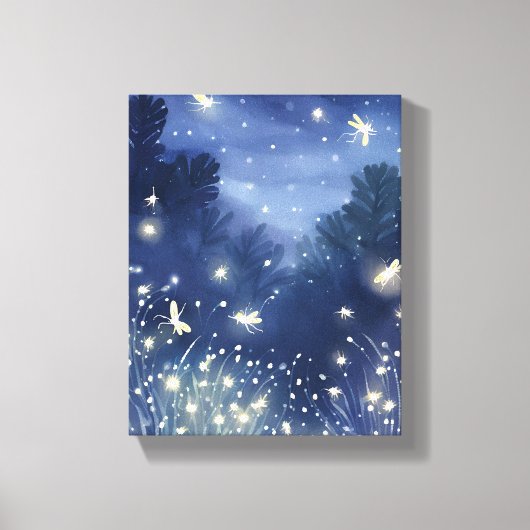 Vuurvliegjes bij nacht | Firefly Blue-Waterverf Canvas Afdruk (Voorkant)