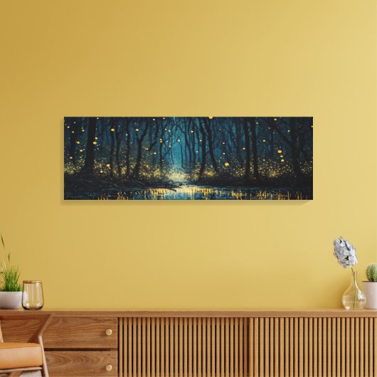Vuurvliegjes lichten een donker fantasiebos Panora Canvas Afdruk (Insitu (Woonkamer))