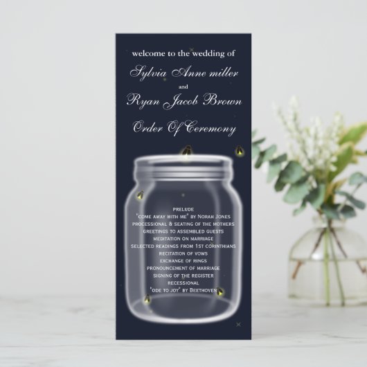 vuurvliegjes mason jar bruiloft programma programmakaart (Staand voorkant)