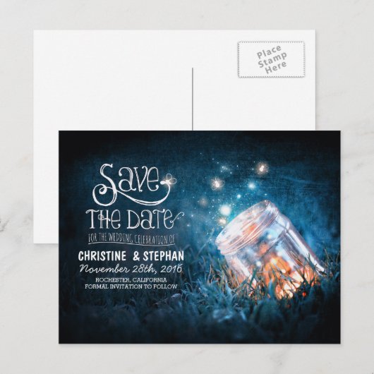 Vuurvliegjes Mason Jar Rustiek Romantiek Save the  Aankondigingskaart (Voorkant / Achterkant)