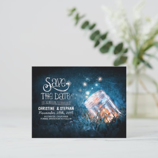 Vuurvliegjes Mason Jar Rustiek Romantiek Save the  Aankondigingskaart (Staand voorkant)