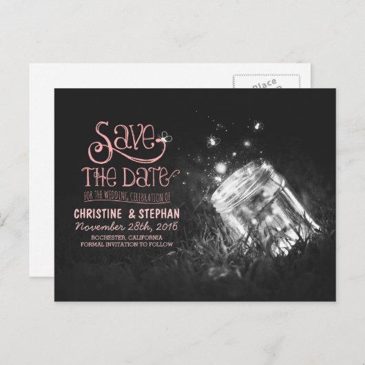 Vuurvliegjes Mason Jar Rustiek Romantiek Save the  Aankondigingskaart (Voorkant / Achterkant)