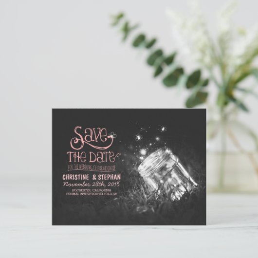 Vuurvliegjes Mason Jar Rustiek Romantiek Save the Aankondigingskaart (Staand voorkant)