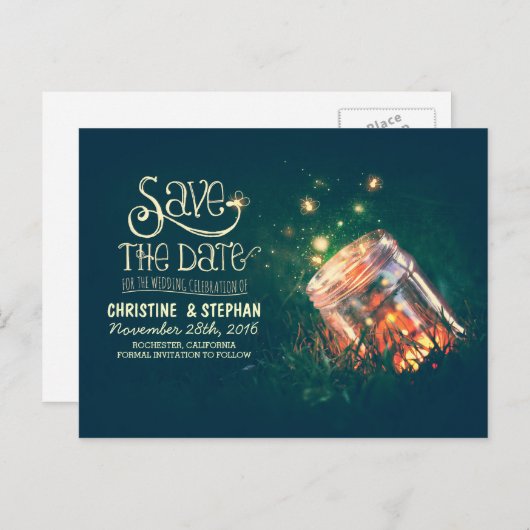 Vuurvliegjes Mason Jar Rustiek Romantiek Save the  Aankondigingskaart (Voorkant / Achterkant)