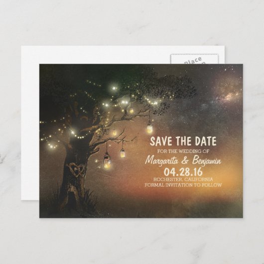 Vuurvliegjes metselaar kruik boom rustieke save th aankondigingskaart (Voorkant / Achterkant)