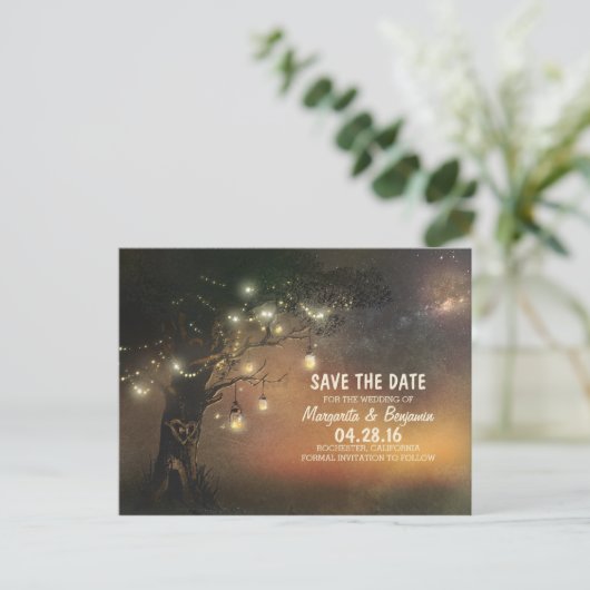 Vuurvliegjes metselaar kruik boom rustieke save th aankondigingskaart (Staand voorkant)