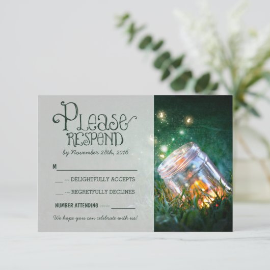 vuurvliegjes metselaar rustieke tuin bruiloft RSVP (Staand voorkant)