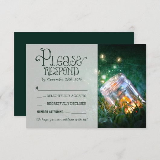 vuurvliegjes metselaar rustieke tuin bruiloft RSVP (Voorkant / Achterkant)