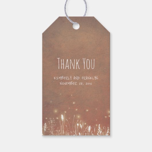 vuurvliegjes nacht weide rustieke land bruiloft cadeaulabel (Voorkant)