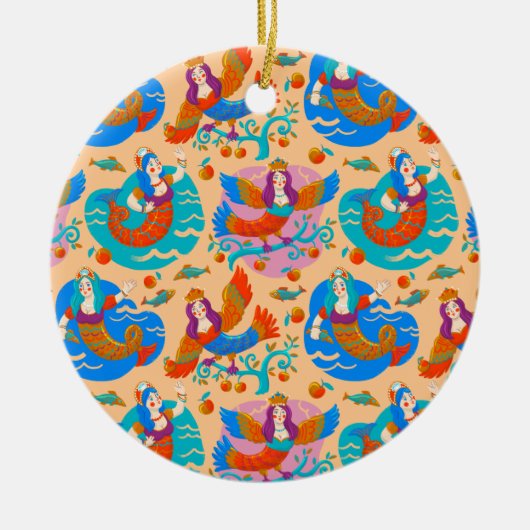 Vuurvogels en zeemachtigen keramisch ornament (Voorkant)