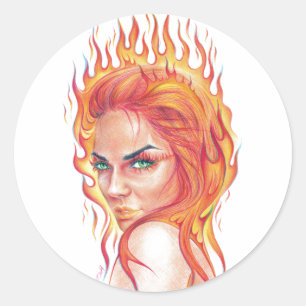 Vuurvrouw Surreal fantasy Portret tekening kunst Ronde Sticker