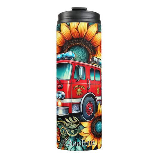 Vuurwagen te midden van zonnebloemen en vlammen thermosbeker (Voorkant)