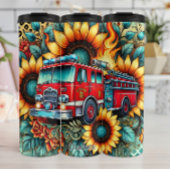 Vuurwagen te midden van zonnebloemen en vlammen thermosbeker