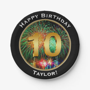 Vuurwerk 10e verjaardag met naam papieren bordje