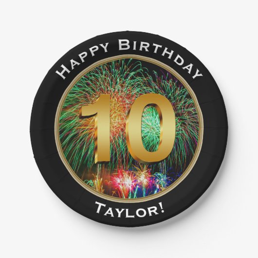 Vuurwerk 10e verjaardag met naam papieren bordje (Voorkant)