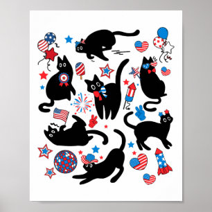 Vuurwerk 4 juli Black Cat USA Vlag Schattige Cat K Poster