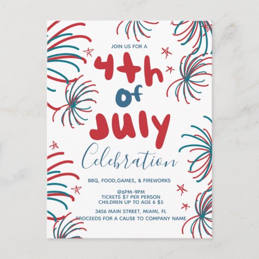 Vuurwerk 4 juli sterren BBQ Flyer Uitnodiging   (Voorkant)