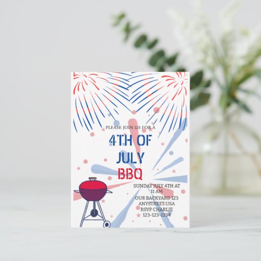 Vuurwerk 4 juli Uitnodiging BBQ (Staand voorkant)
