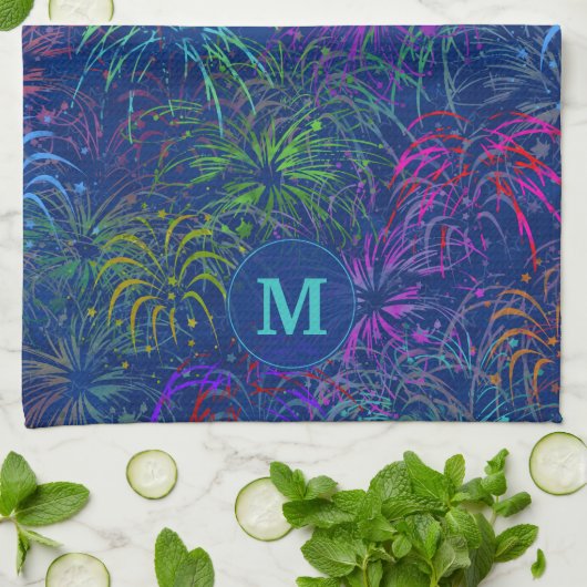 Vuurwerk 4 juli zomerpatroon | Monogrammen Theedoek (Gevouwen)