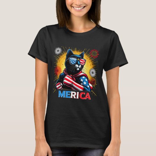Vuurwerk Amerikaanse vlag Patriottische Zwarte Kat T-shirt (Voorkant)