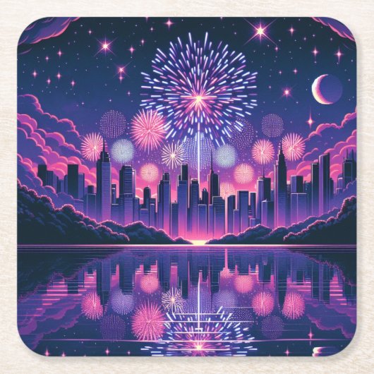 Vuurwerk boven de City Skyline | 4 juli Kartonnen Onderzetters (Voorkant)