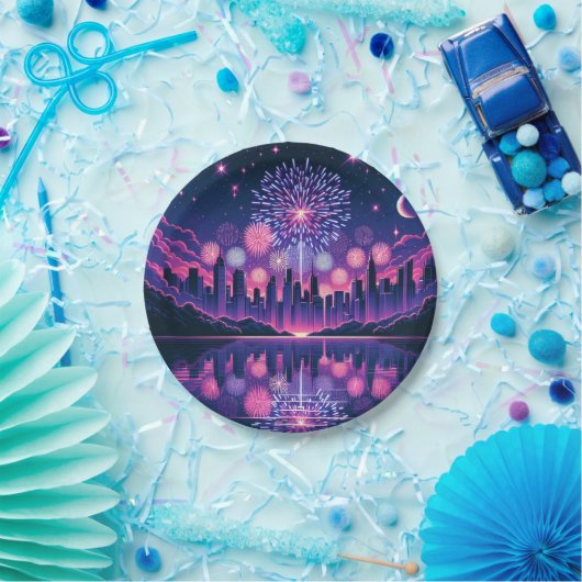Vuurwerk boven de City Skyline | 4 juli Papieren Bordje (Feest)