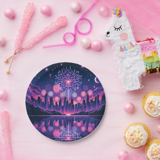 Vuurwerk boven de City Skyline | 4 juli Papieren Bordje (Feest)