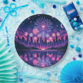 Vuurwerk boven de City Skyline | 4 juli Papieren Bordje (Feest)