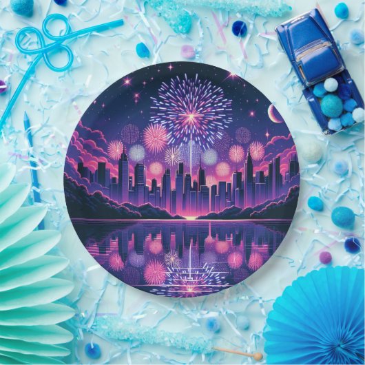Vuurwerk boven de City Skyline | 4 juli Papieren Bordje (Feest)