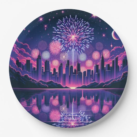 Vuurwerk boven de City Skyline | 4 juli Papieren Bordje (Voorkant)