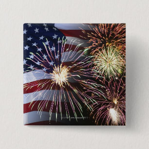 Vuurwerk en Amerikaanse vlag Vierkante Button 5,1 Cm