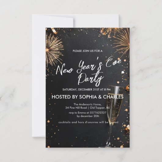 Vuurwerk en champagne oudejaarsfeest kaart (Voorkant)