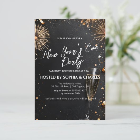Vuurwerk en champagne oudejaarsfeest kaart (Staand voorkant)