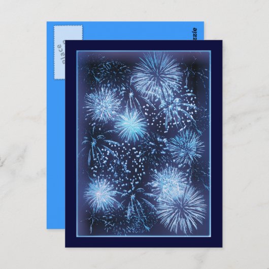 Vuurwerk explodeert blauwe lucht briefkaart (Voorkant / Achterkant)