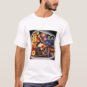 Vuurwerk Festival Kat Kleurrijk Japan Zomer Kunst T-shirt