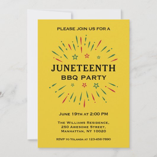 Vuurwerk Geel Rood Groen Zwart Juneteenth BBQ Kaart (Voorkant)