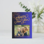Vuurwerk Gelukkig Nieuwjaar Foto Blauw Gradiënt Briefkaart (Staand voorkant)