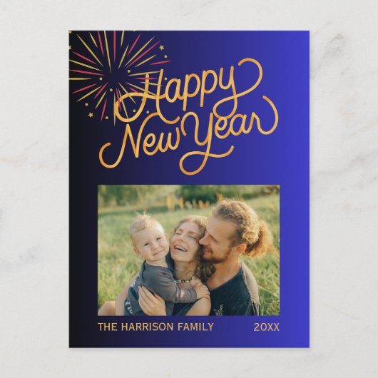Vuurwerk Gelukkig Nieuwjaar Foto Blauw Gradiënt Briefkaart (Voorkant)