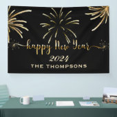 Vuurwerk Gelukkig Nieuwjaar Zwart en Goud Spandoek (Beurs)