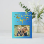 Vuurwerk Goud Gelukkig Nieuwjaar Foto Blauw Gradië Briefkaart (Staand voorkant)