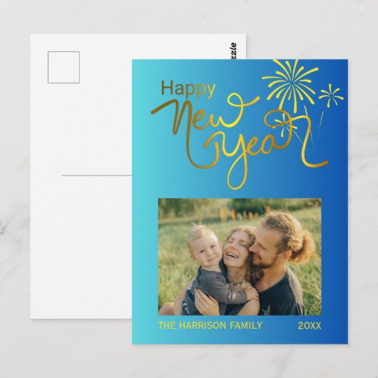 Vuurwerk Goud Gelukkig Nieuwjaar Foto Blauw Gradië Briefkaart (Voorkant / Achterkant)