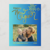 Vuurwerk Goud Gelukkig Nieuwjaar Foto Blauw Gradië Briefkaart (Voorkant)