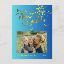 Vuurwerk Goud Gelukkig Nieuwjaar Foto Blauw Gradië Briefkaart