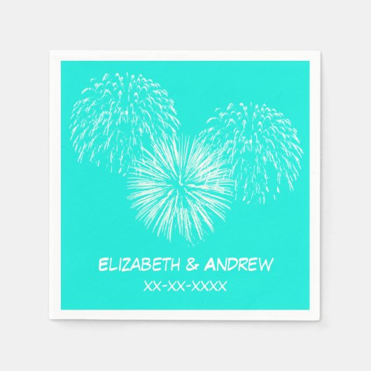Vuurwerk, Heldere Aqua Achtergrond, Naam Monogram Servetten (Voorkant)